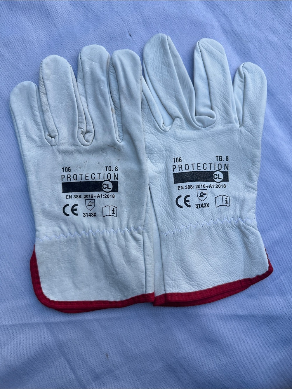 White Leather Work Gloves with Red Trim - Size 8
